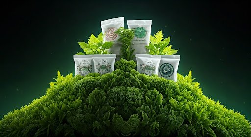 عبوات أسمدة معروضة فوق تلة من النباتات الخضراء