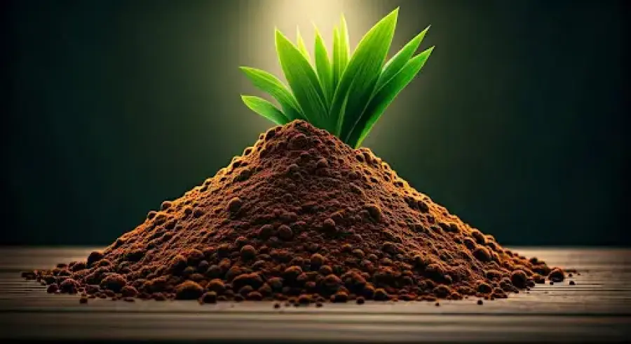 كومة من السماد العضوي البني مع نبتة خضراء في أعلاها