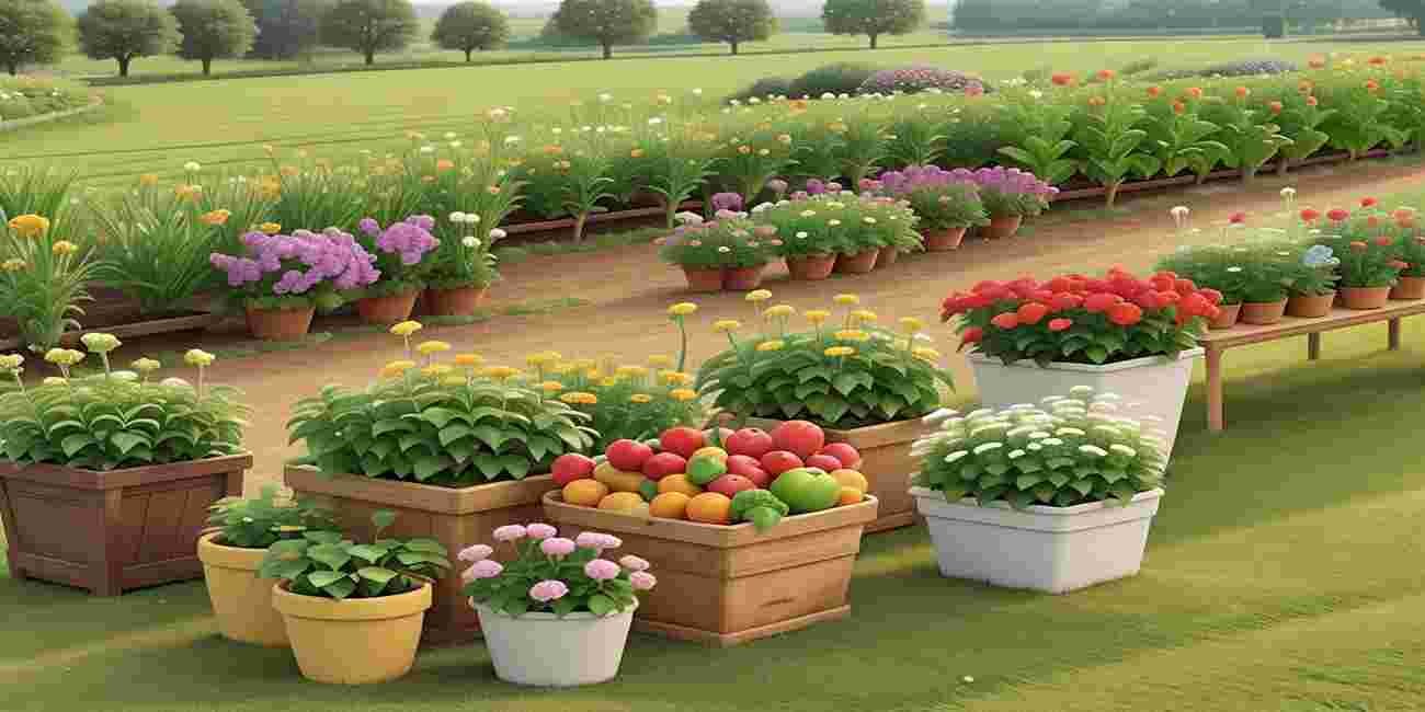مشتل نباتات بأصص زهور متنوعة وصندوق خضروات