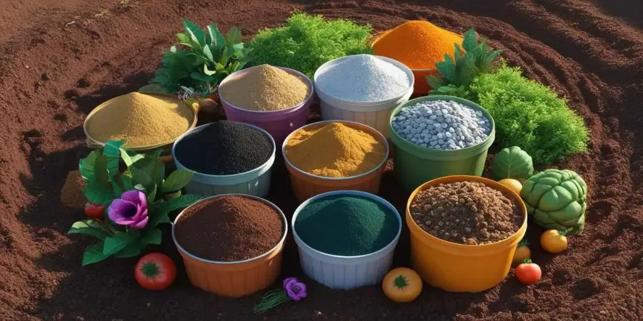 أوعية ملونة تعرض أنواعاً مختلفة من الأسمدة على التربة