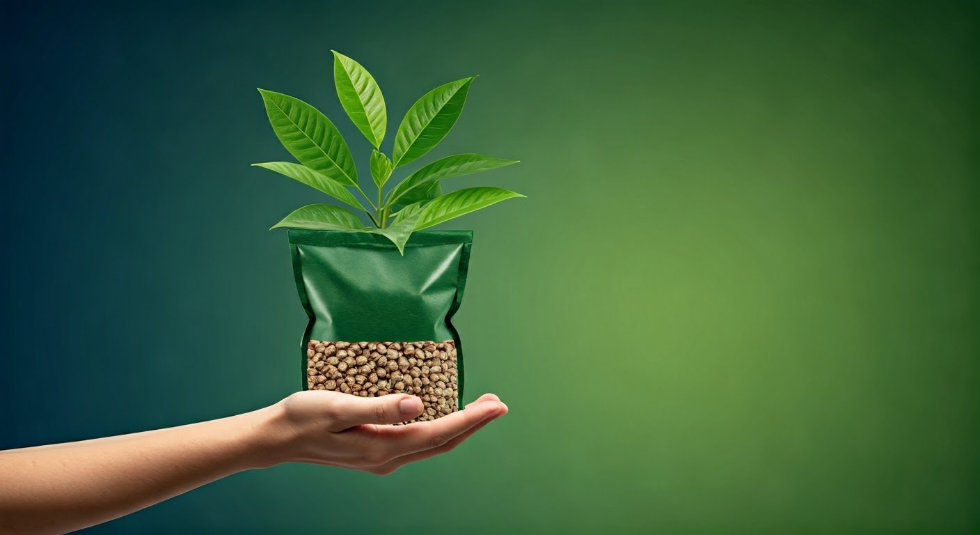 يد تحمل عبوة سماد خضراء تنمو منها أوراق نباتية