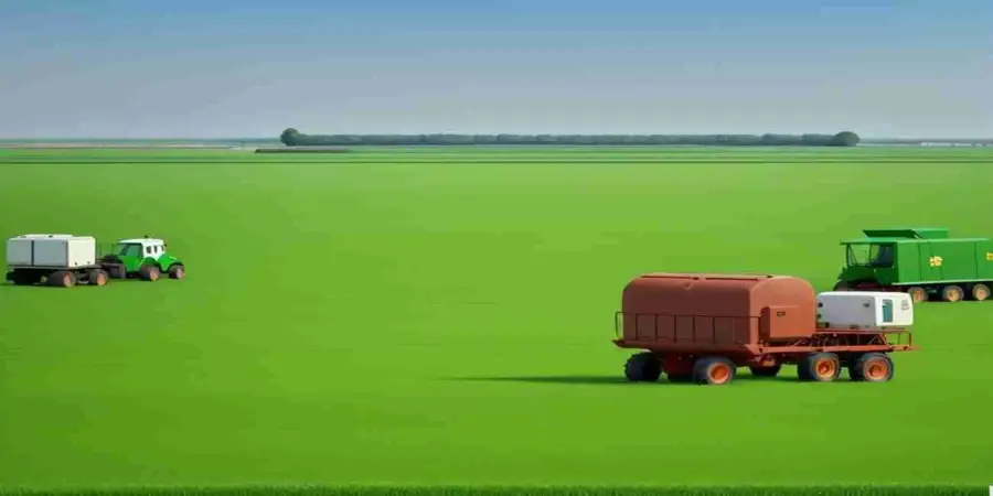 حقل أخضر واسع مع صهاريج وآليات زراعية