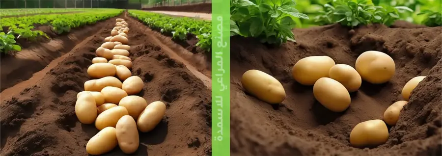 صف من درنات البطاطس في حقل محروث