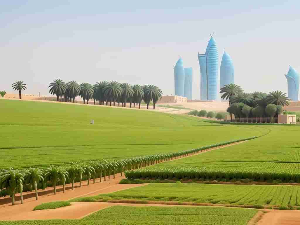 مزارع خضراء وأشجار نخيل أمام أبراج المدينة في السعودية