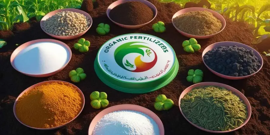 أوعية بمكونات مختلفة للأسمدة حول شعار أسمدة عضوية
