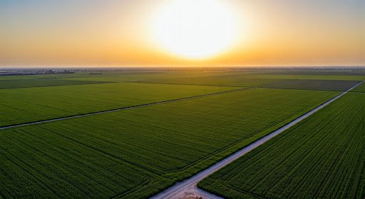 مشهد جوي لحقول خضراء عند الغروب