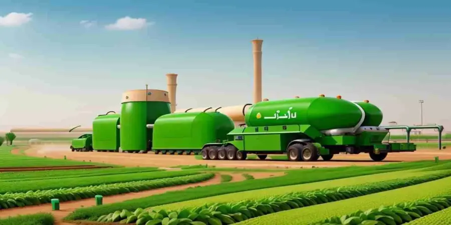 صهاريج خضراء عند منشأة معالجة بجوار المحاصيل