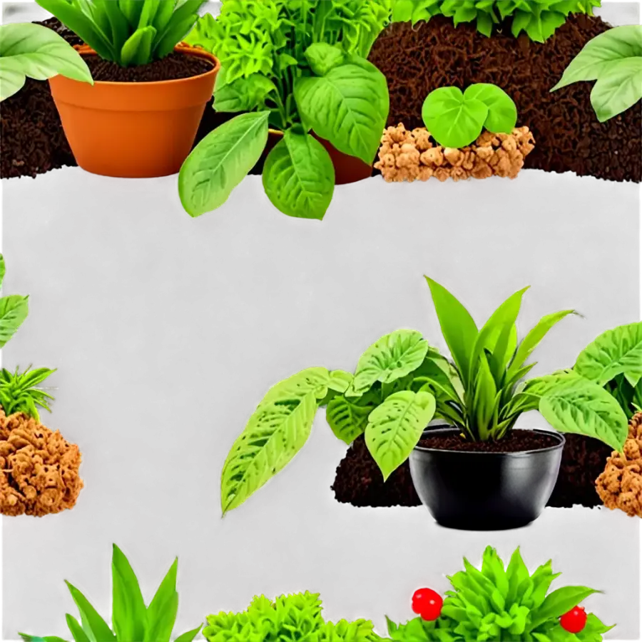 إطار من نباتات الأصص والأوراق الخضراء وكتل السماد الحبيبي حول مساحة بيضاء فارغة