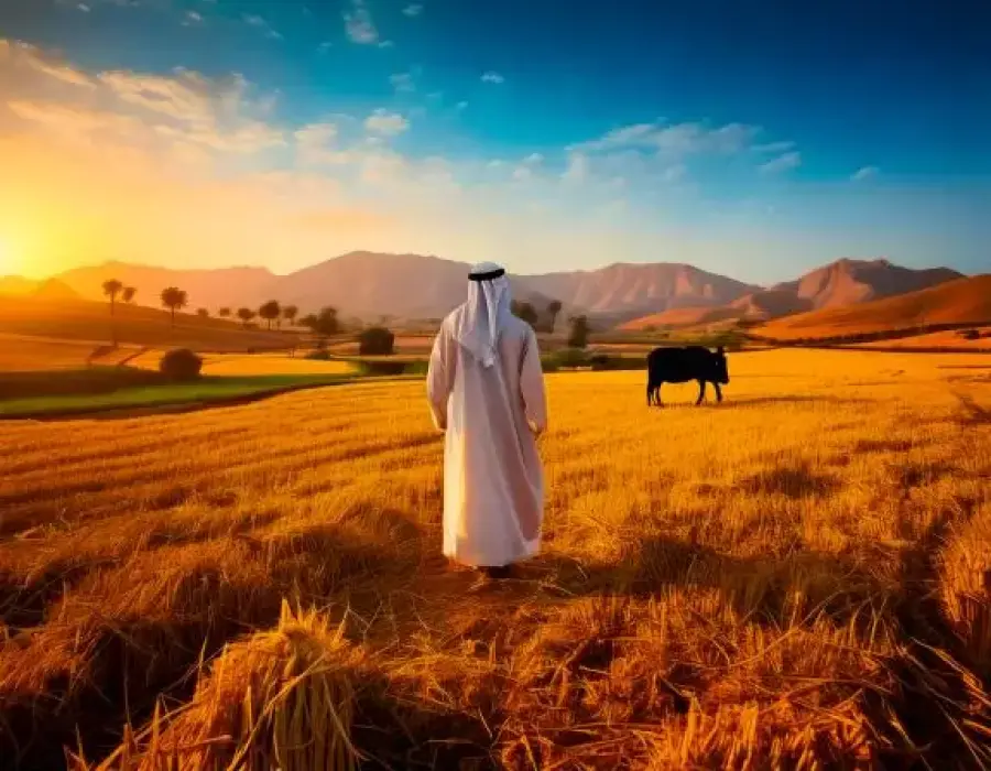 مزارع سعودي يسير في حقل قمح ذهبي عند الغروب