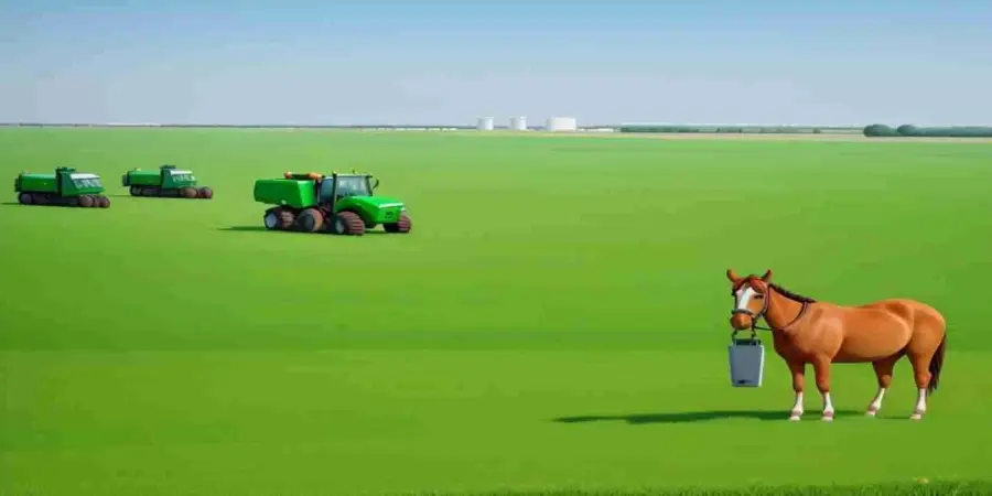حقل أخضر مع جرارات زراعية وحصان