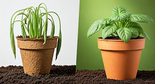 مقارنة بين نبتة ذابلة في أصيص ونبتة خضراء سليمة