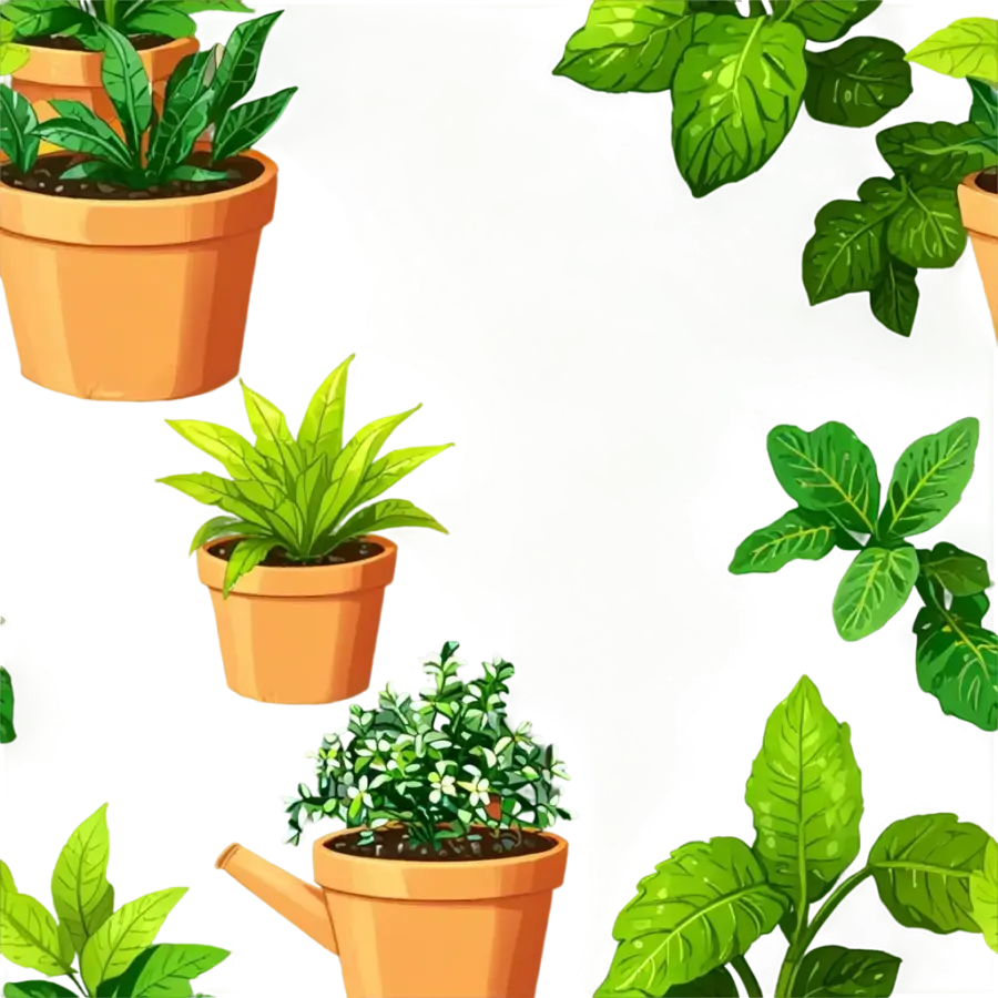 رسم متكرر لأصص فخارية بنباتات صغيرة متنوعة وأوراق خضراء متناثرة