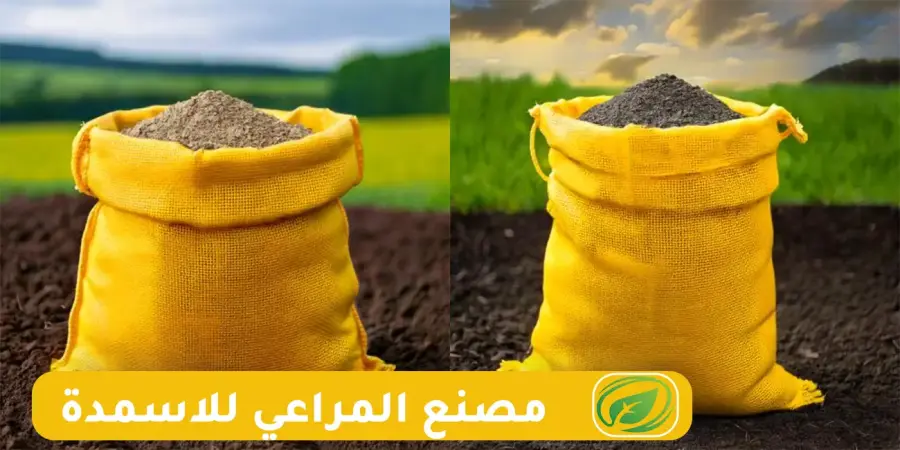 عبوتان مفتوحتان من سماد المراعي بخيش أصفر تُظهران قوام السماد