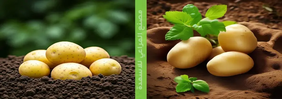 درنات بطاطس على التربة مع أوراق خضراء