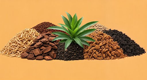 أكوام من مواد تسميد عضوية متنوعة حول نبتة صغيرة